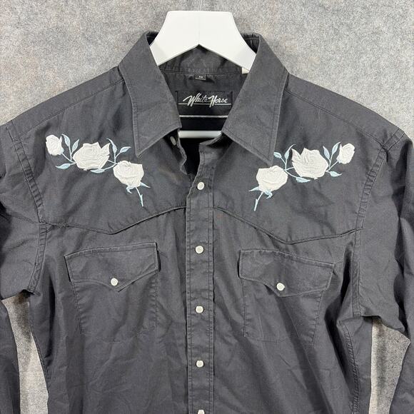 White Horse Black Pearl Snap Western Embroidered Roses Shirt Cowboy MEDIUM Rodeo - Picture 2 of 11